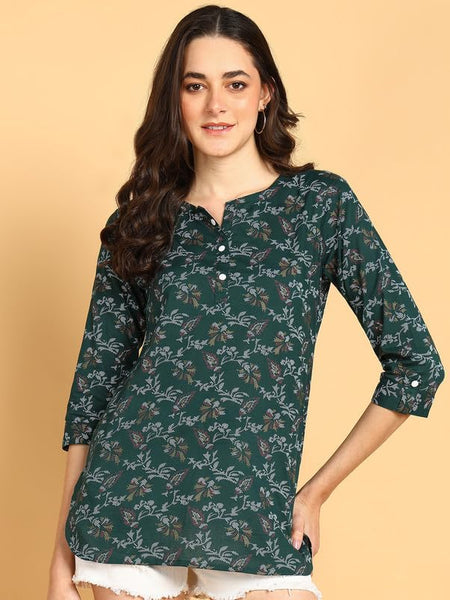 Bottle Green - Women's Floral Printed Cotton Top - Stylish Long Top with Mandarin Collar, Perfect for Jeans, Ideal for Casual & Ethnic Wear