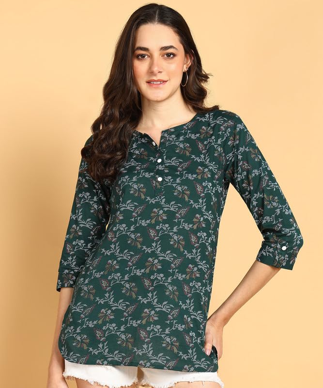 Bottle Green - Women's Floral Printed Cotton Top - Stylish Long Top with Mandarin Collar, Perfect for Jeans, Ideal for Casual & Ethnic Wear