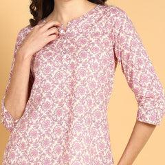 Purple - Women's Floral Printed Cotton Top - Stylish Long Top with Mandarin Collar, Perfect for Jeans, Ideal for Casual & Ethnic Wear