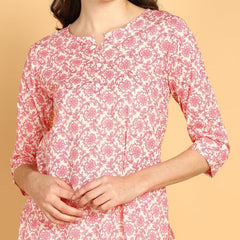 Pink - Women's Floral Printed Cotton Top - Stylish Long Top with Mandarin Collar, Perfect for Jeans, Ideal for Casual & Ethnic Wear