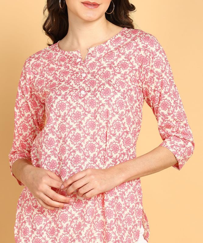 Pink - Women's Floral Printed Cotton Top - Stylish Long Top with Mandarin Collar, Perfect for Jeans, Ideal for Casual & Ethnic Wear