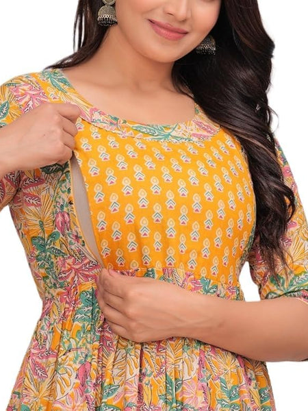 YELLOW - JAIPURFAME Women's Stylish Pure Cotton Printed Kurti Gown – Comfortable and Elegant Maternity & Feeding Dress for Women