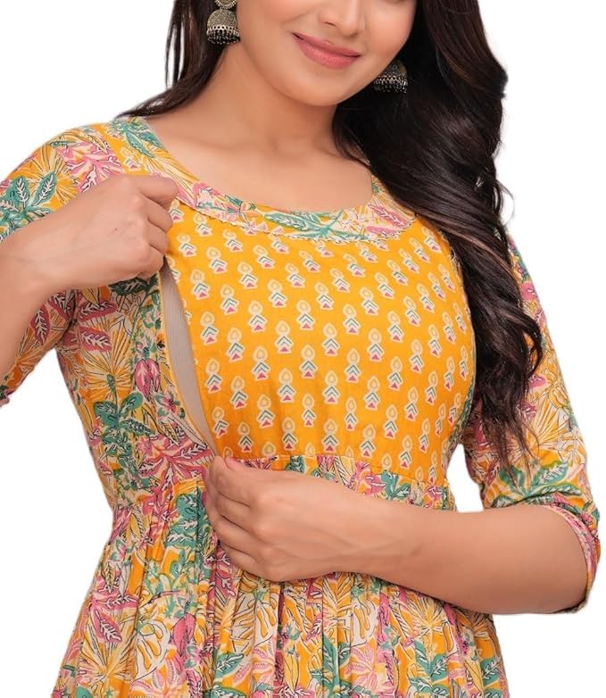 YELLOW - JAIPURFAME Women's Stylish Pure Cotton Printed Kurti Gown – Comfortable and Elegant Maternity & Feeding Dress for Women