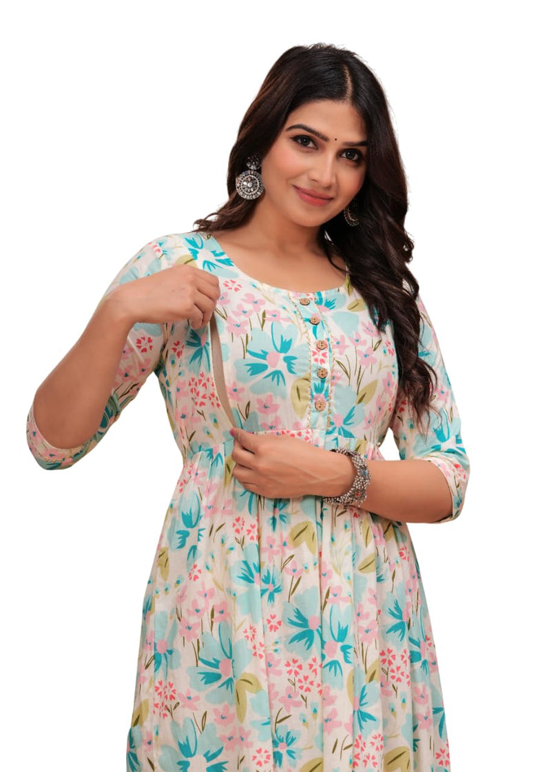 Light blue - Maternity Feeding Kurti with Zipper | Cotton Floral Printed Pregnancy & Nursing Dress | Comfortable Maternity Wear for Women | Breastfeeding Kurta Set with Zip | Stylish & Soft