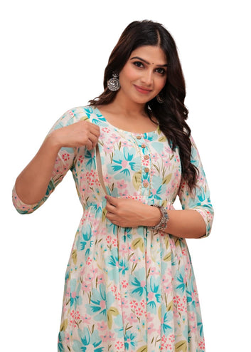 Light blue - Maternity Feeding Kurti with Zipper | Cotton Floral Printed Pregnancy & Nursing Dress | Comfortable & Stylish Maternity Wear for Women | Breastfeeding Kurta with Zipper | Soft & Elegant