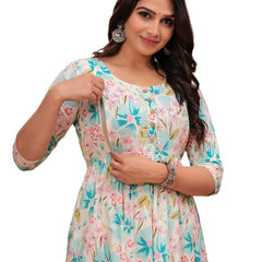 Light blue - JAIPURFAME Maternity Feeding Kurti with Zipper | Cotton Floral Printed Pregnancy & Nursing Dress | Comfortable & Stylish Maternity Wear for Women | Breastfeeding Kurta with Zipper | Soft & Elegant
