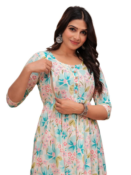 Light blue - JAIPURFAME Maternity Feeding Kurti with Zipper | Cotton Floral Printed Pregnancy & Nursing Dress | Comfortable & Stylish Maternity Wear for Women | Breastfeeding Kurta with Zipper | Soft & Elegant