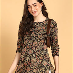 Classy Black - Women's Floral Printed Cotton Top - Stylish Long Top with Mandarin Collar, Perfect for Jeans, Ideal for Casual & Ethnic Wear