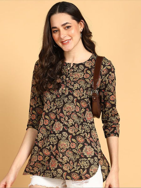Classy Black - Women's Floral Printed Cotton Top - Stylish Long Top with Mandarin Collar, Perfect for Jeans, Ideal for Casual & Ethnic Wear