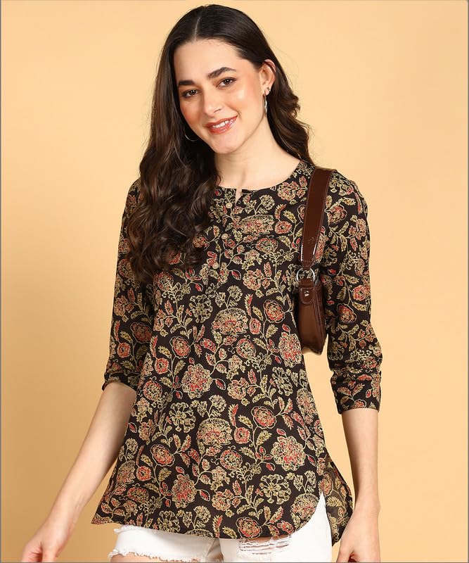 Classy Black - Women's Floral Printed Cotton Top - Stylish Long Top with Mandarin Collar, Perfect for Jeans, Ideal for Casual & Ethnic Wear
