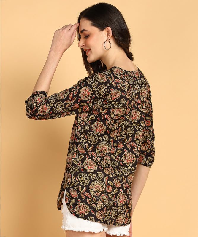 Classy Black - Women's Floral Printed Cotton Top - Stylish Long Top with Mandarin Collar, Perfect for Jeans, Ideal for Casual & Ethnic Wear