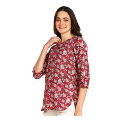 Wain - Women's Floral Printed Cotton Top - Stylish Long Top with Mandarin Collar, Perfect for Jeans, Ideal for Casual & Ethnic Wear