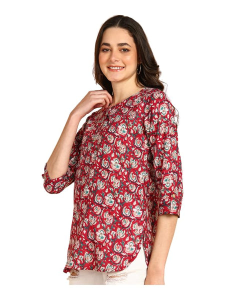 Wain - Women's Floral Printed Cotton Top - Stylish Long Top with Mandarin Collar, Perfect for Jeans, Ideal for Casual & Ethnic Wear