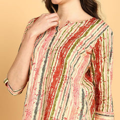 Peach Multi - Women's Floral Printed Cotton Top - Stylish Long Top with Mandarin Collar, Perfect for Jeans, Ideal for Casual & Ethnic Wear