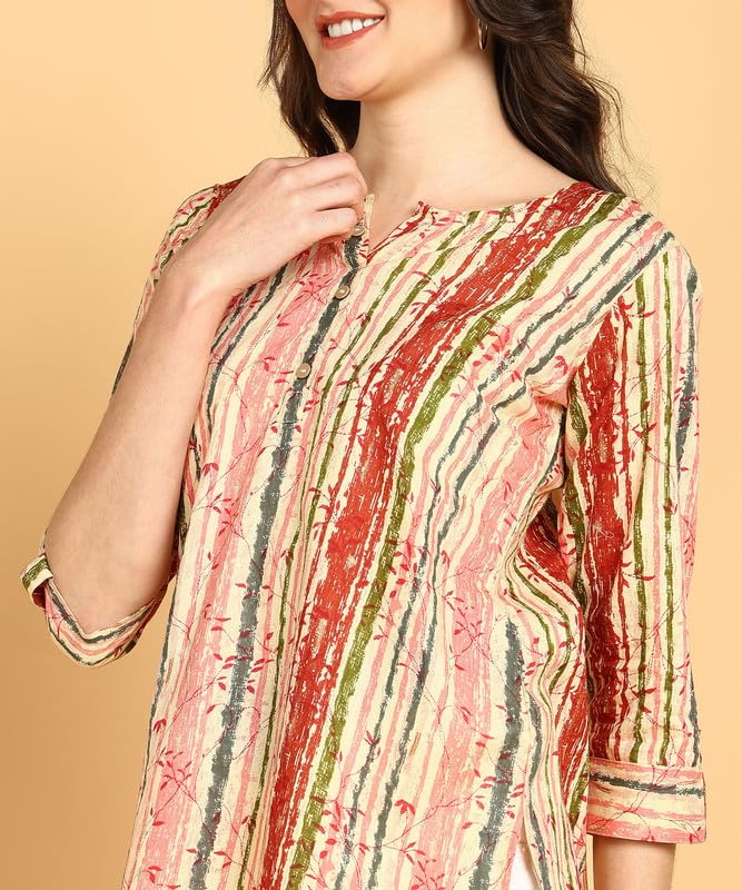 Peach Multi - Women's Floral Printed Cotton Top - Stylish Long Top with Mandarin Collar, Perfect for Jeans, Ideal for Casual & Ethnic Wear