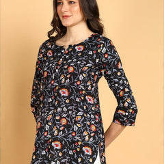 Black - Women's Floral Printed Cotton Top - Stylish Long Top with Mandarin Collar, Perfect for Jeans, Ideal for Casual & Ethnic Wear