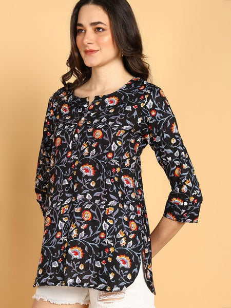 Black - Women's Floral Printed Cotton Top - Stylish Long Top with Mandarin Collar, Perfect for Jeans, Ideal for Casual & Ethnic Wear