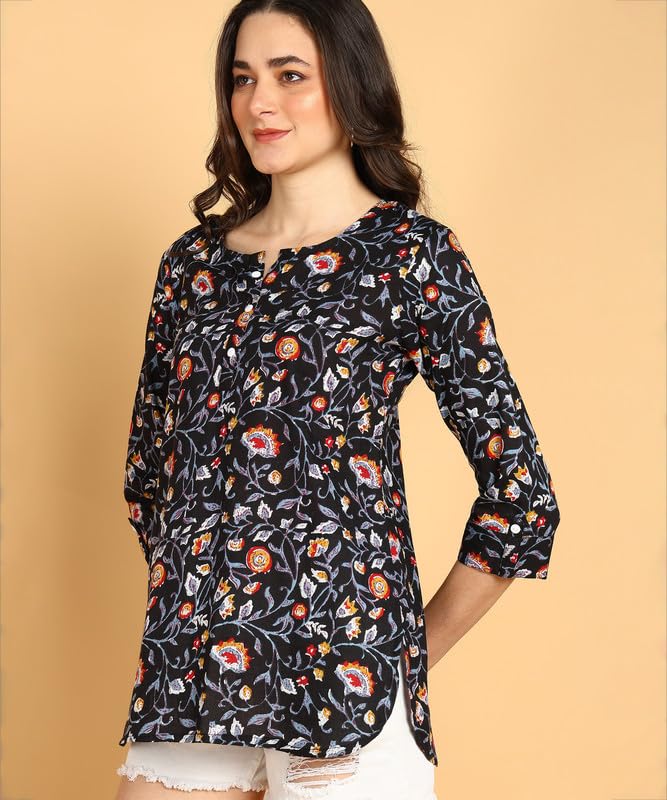 Black - Women's Floral Printed Cotton Top - Stylish Long Top with Mandarin Collar, Perfect for Jeans, Ideal for Casual & Ethnic Wear