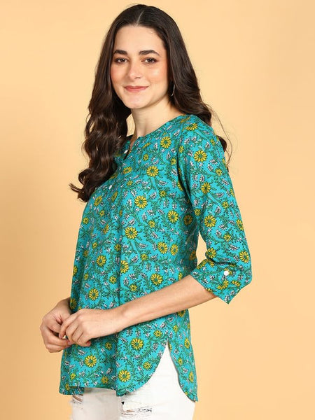 Green - Women's Floral Printed Cotton Top - Stylish Long Top with Mandarin Collar, Perfect for Jeans, Ideal for Casual & Ethnic Wear