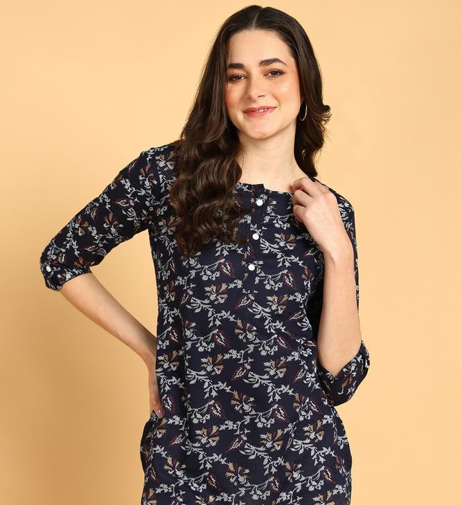 Dark Blue - Women's Floral Printed Cotton Top - Stylish Long Top with Mandarin Collar, Perfect for Jeans, Ideal for Casual & Ethnic Wear