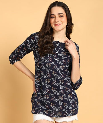 Dark Blue - Women's Floral Printed Cotton Top - Stylish Long Top with Mandarin Collar, Perfect for Jeans, Ideal for Casual & Ethnic Wear