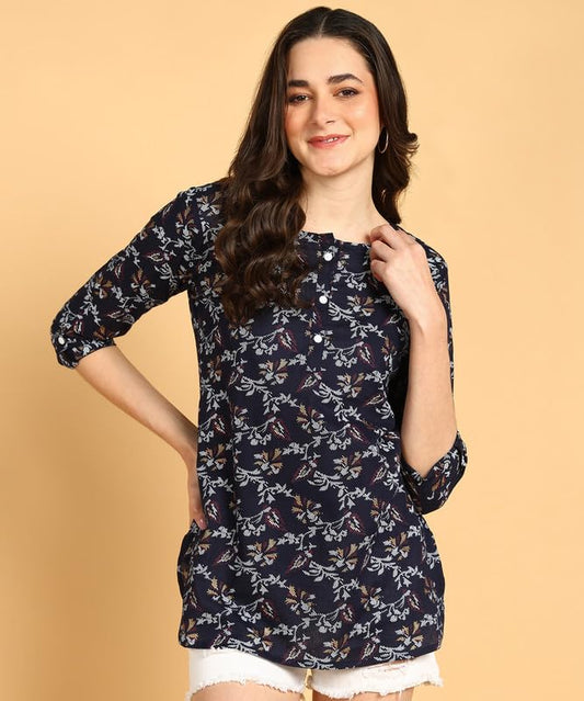 Dark Blue - Women's Floral Printed Cotton Top - Stylish Long Top with Mandarin Collar, Perfect for Jeans, Ideal for Casual & Ethnic Wear