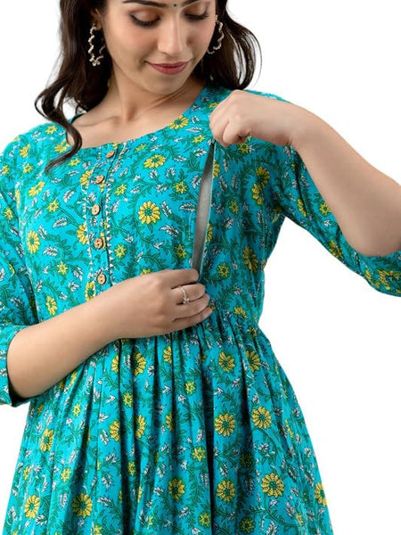 Green - Maternity Feeding Kurti with Zipper | Cotton Floral Printed Pregnancy & Nursing Dress | Comfortable & Stylish Maternity Wear for Women | Breastfeeding Kurta with Zipper | Soft & Elegant