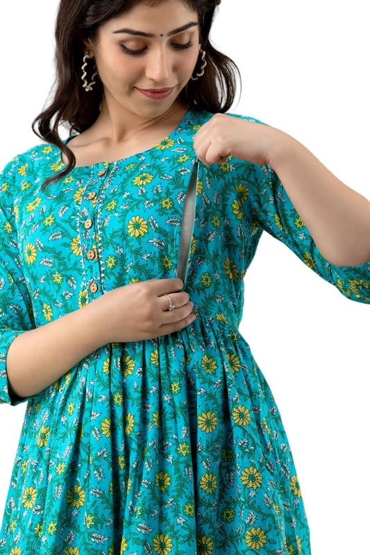 Green - Maternity Feeding Kurti with Zipper | Cotton Floral Printed Pregnancy & Nursing Dress | Comfortable Maternity Wear for Women | Breastfeeding Kurta Set with Zip | Stylish & Soft
