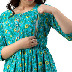 Green - Maternity Feeding Kurti with Zipper | Cotton Floral Printed Pregnancy & Nursing Dress | Comfortable Maternity Wear for Women | Breastfeeding Kurta Set with Zip | Stylish & Soft