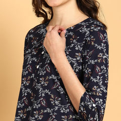 Dark Blue - Women's Floral Printed Cotton Top - Stylish Long Top with Mandarin Collar, Perfect for Jeans, Ideal for Casual & Ethnic Wear