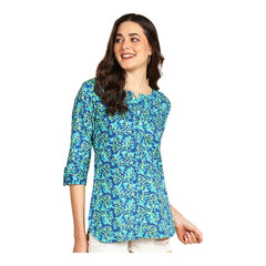 Sky Blue1 - Women's Floral Printed Cotton Top - Stylish Long Top with Mandarin Collar, Perfect for Jeans, Ideal for Casual & Ethnic Wear
