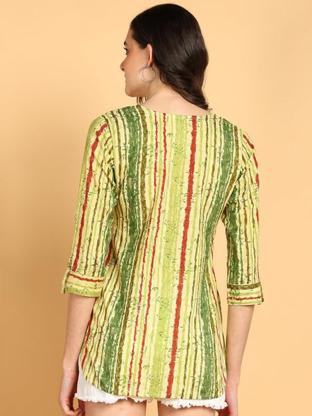 Green Multi - Women's Floral Printed Cotton Top - Stylish Long Top with Mandarin Collar, Perfect for Jeans, Ideal for Casual & Ethnic Wear