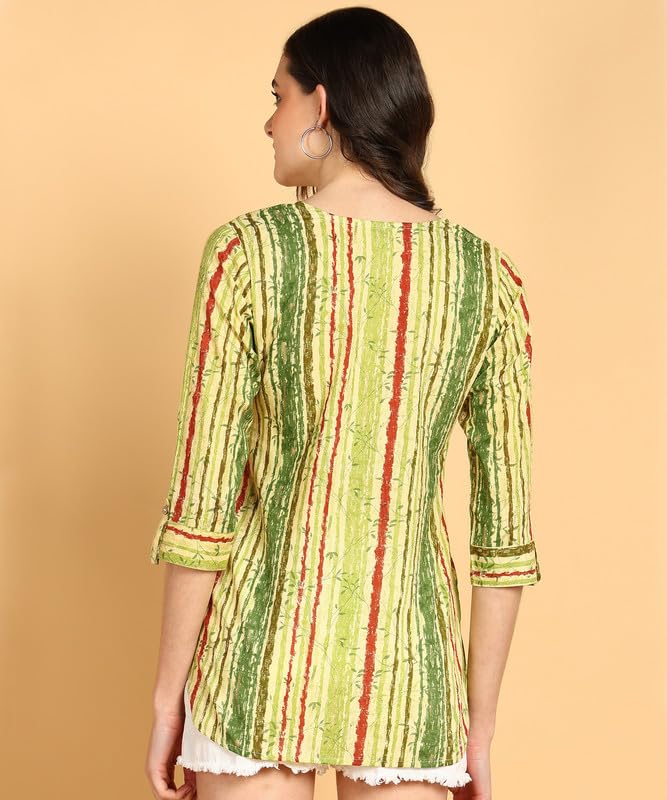 Green Multi - Women's Floral Printed Cotton Top - Stylish Long Top with Mandarin Collar, Perfect for Jeans, Ideal for Casual & Ethnic Wear