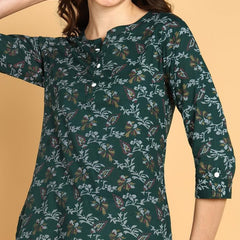 Bottle Green - Women's Floral Printed Cotton Top - Stylish Long Top with Mandarin Collar, Perfect for Jeans, Ideal for Casual & Ethnic Wear