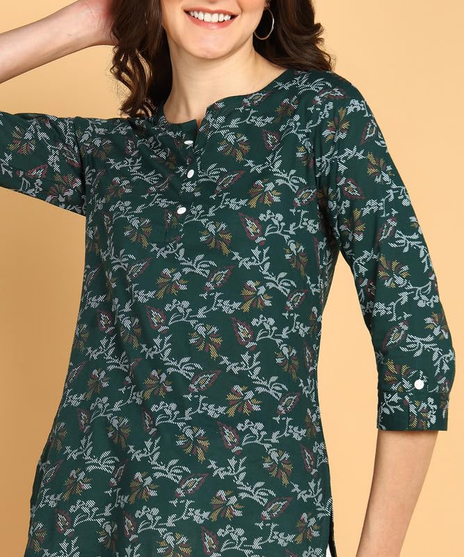 Bottle Green - Women's Floral Printed Cotton Top - Stylish Long Top with Mandarin Collar, Perfect for Jeans, Ideal for Casual & Ethnic Wear