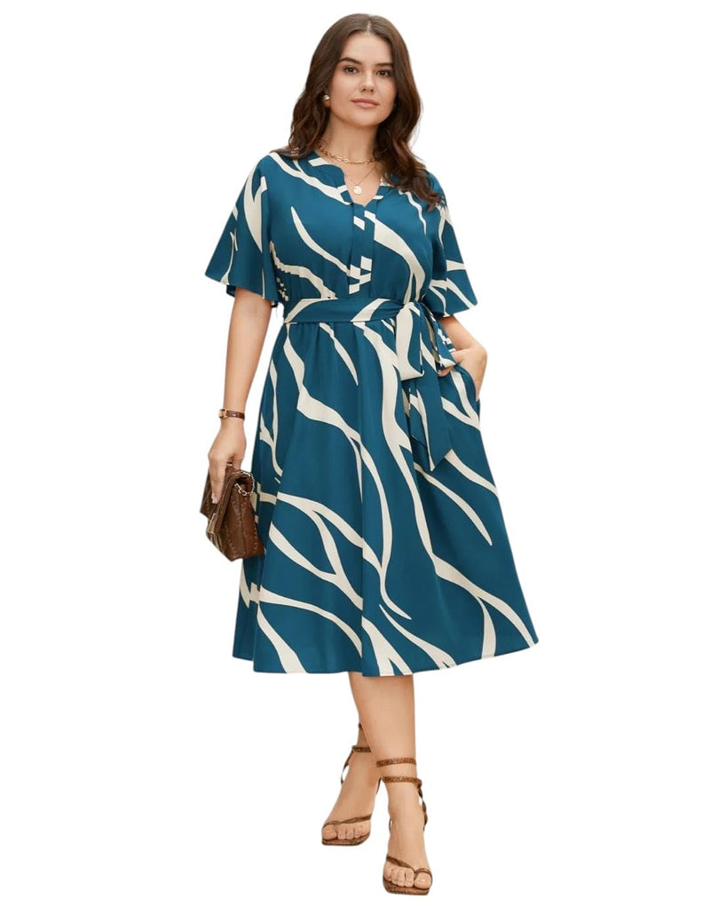 Blue - One Piece Dress for Women, New American Print Rayon Midi Dress, Stylish, Modern Party Outfit, Perfect for Casual and Formal Occasions