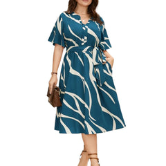 Blue - One Piece Dress for Women, New American Print Rayon Midi Dress, Stylish, Modern Party Outfit, Perfect for Casual and Formal Occasions