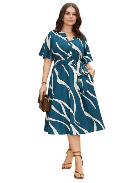 Blue - One Piece Dress for Women, New American Print Rayon Midi Dress, Stylish, Modern Party Outfit, Perfect for Casual and Formal Occasions