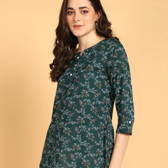 Bottle Green - Women's Floral Printed Cotton Top - Stylish Long Top with Mandarin Collar, Perfect for Jeans, Ideal for Casual & Ethnic Wear