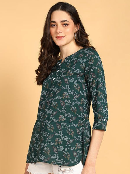 Bottle Green - Women's Floral Printed Cotton Top - Stylish Long Top with Mandarin Collar, Perfect for Jeans, Ideal for Casual & Ethnic Wear