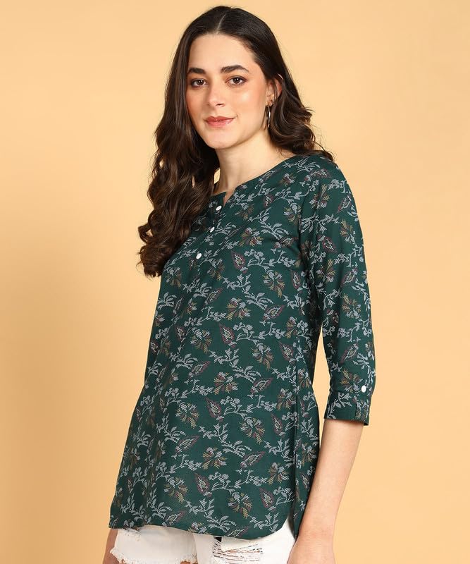 Bottle Green - Women's Floral Printed Cotton Top - Stylish Long Top with Mandarin Collar, Perfect for Jeans, Ideal for Casual & Ethnic Wear