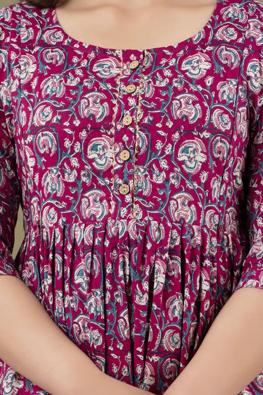 Wine - JAIPURFAME Maternity Feeding Kurti with Zipper | Cotton Floral Printed Pregnancy & Nursing Dress | Comfortable & Stylish Maternity Wear for Women | Breastfeeding Kurta with Zipper | Soft & Elegant