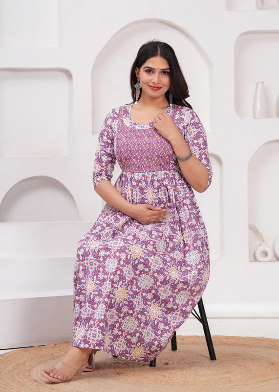 Pink - Maternity Feeding Kurti with Zipper | Cotton Floral Printed Pregnancy & Nursing Dress | Comfortable & Stylish Maternity Wear for Women | Breastfeeding Kurta with Zipper | Soft & Elegant