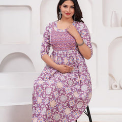 Pink - Maternity Feeding Kurti with Zipper | Cotton Floral Printed Pregnancy & Nursing Dress | Comfortable & Stylish Maternity Wear for Women | Breastfeeding Kurta with Zipper | Soft & Elegant