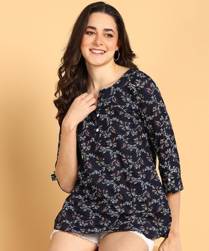 Dark Blue - Women's Floral Printed Cotton Top - Stylish Long Top with Mandarin Collar, Perfect for Jeans, Ideal for Casual & Ethnic Wear