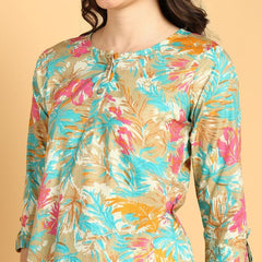Cream - Women's Floral Printed Cotton Top - Stylish Long Top with Mandarin Collar, Perfect for Jeans, Ideal for Casual & Ethnic Wear