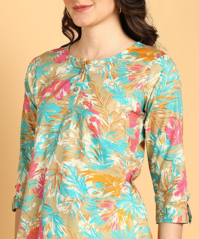 Cream - Women's Floral Printed Cotton Top - Stylish Long Top with Mandarin Collar, Perfect for Jeans, Ideal for Casual & Ethnic Wear