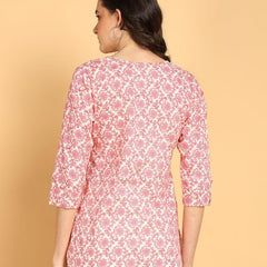 Pink - Women's Floral Printed Cotton Top - Stylish Long Top with Mandarin Collar, Perfect for Jeans, Ideal for Casual & Ethnic Wear