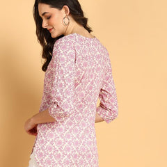 Purple - Women's Floral Printed Cotton Top - Stylish Long Top with Mandarin Collar, Perfect for Jeans, Ideal for Casual & Ethnic Wear