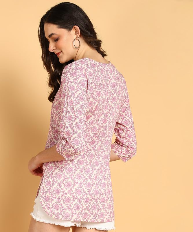 Purple - Women's Floral Printed Cotton Top - Stylish Long Top with Mandarin Collar, Perfect for Jeans, Ideal for Casual & Ethnic Wear